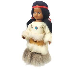 11 1/2" VNTG Native American Doll with Fur Trimmed Beaded Leather Clothes/ Boots